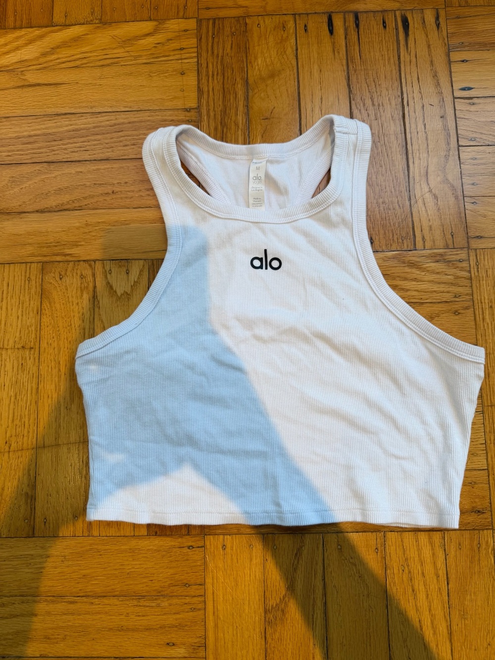 Alo White Ribbed Cropped Tank Top with Black Logo - Picture 2 of 4